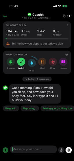 The Coachh chat logging a check-in and posting today's plan