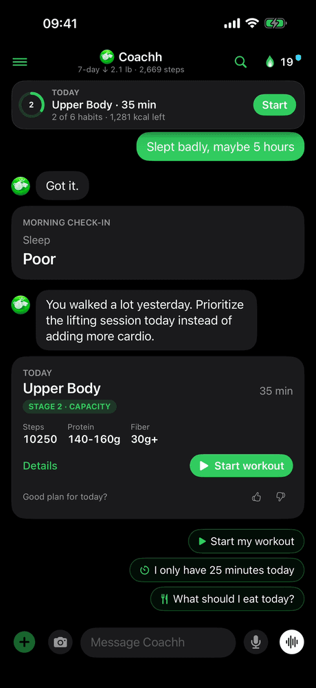 A morning check-in in Coachh: "Slept badly, maybe 5 hours" logged as poor sleep, and today's Upper Body session posted with steps, protein and fiber targets