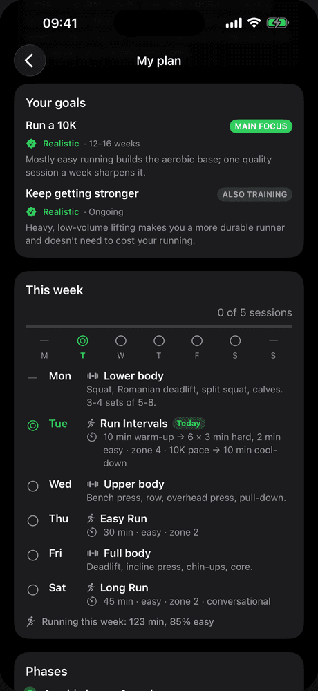A Coachh plan for a 10K plus strength: both goals marked realistic, and a week of lower body, run intervals, upper body, an easy run, full body and a long run
