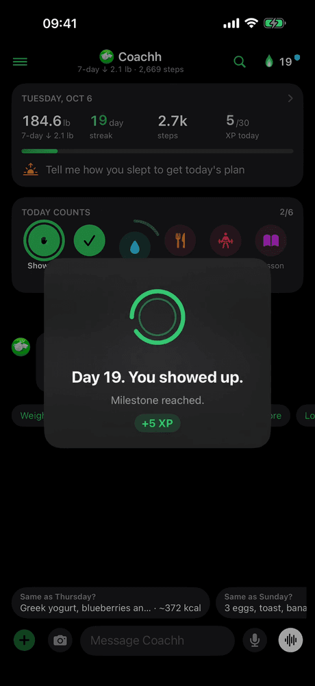 Coachh after holding Show up: "Day 19. You showed up." with +5 XP, and the day streak at the top now at 19