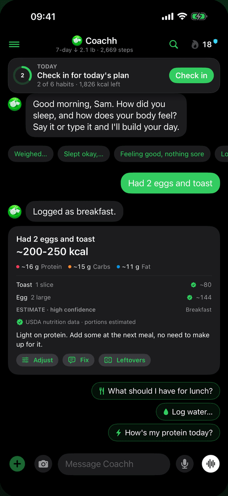 The Coachh chat: "Had 2 eggs and toast" logged as breakfast, about 200 to 250 kcal with protein, carbs and fat, each item from USDA data, and a note that it's light on protein
