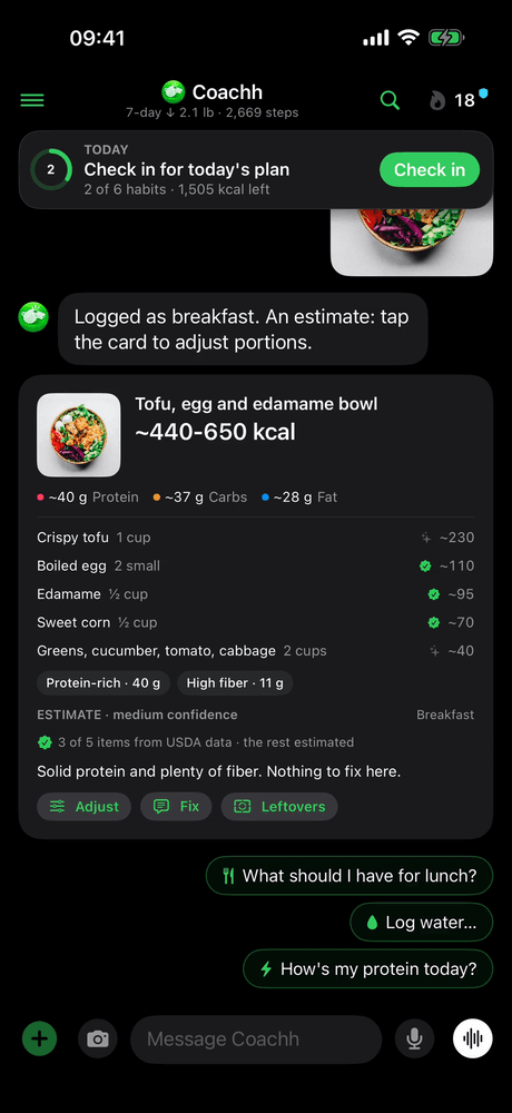 An estimated meal card in Coachh: tofu, egg and edamame bowl, about 440 to 650 kcal, with Adjust and Fix buttons; it goes to Apple Health once confirmed
