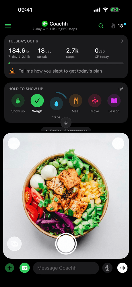 The Coachh camera open in the chat, framing a bowl of tofu, egg, edamame, corn and greens