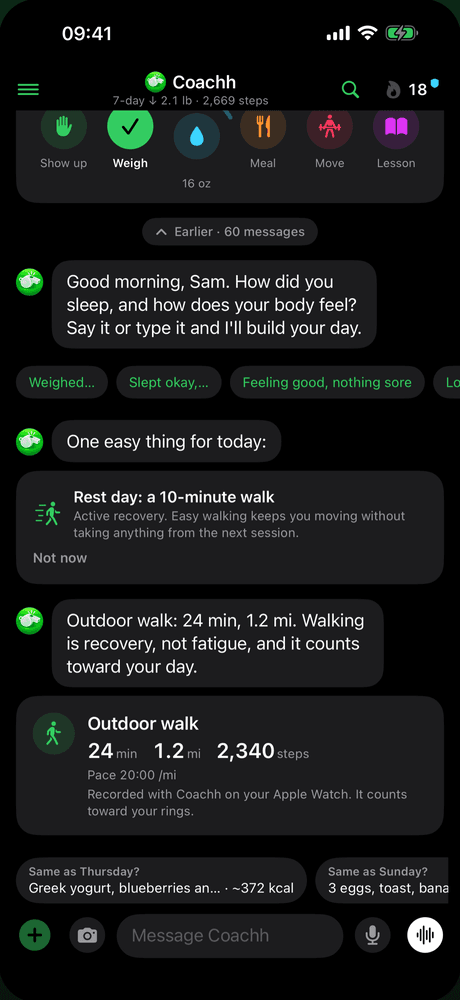 A rest day in the Coachh chat: the coach suggests a 10-minute walk, and an outdoor walk recorded on Apple Watch (24 minutes, 1.2 miles, 2,340 steps) is posted and counted