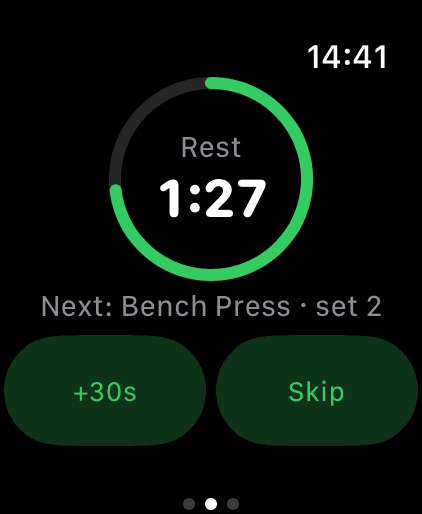 The rest timer in Coachh on Apple Watch at 1:27, with the next set (bench press, set 2) and buttons to add time or skip