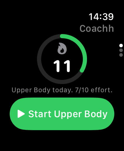 Coachh on Apple Watch: an 11-day streak ring, "Upper Body today. 7/10 effort." and a Start Upper Body button