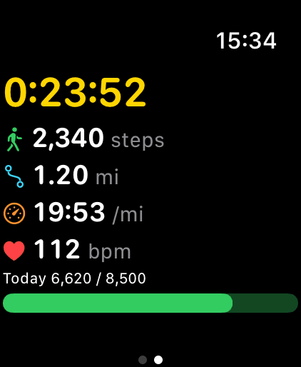 An outdoor walk recorded in Coachh on Apple Watch: 23 minutes 52 seconds, 2,340 steps, 1.20 miles, 19:53 per mile and 112 bpm, and today's steps against an 8,500 goal