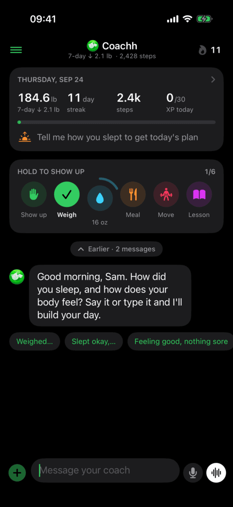 The coach chat logging a check-in and posting today's plan