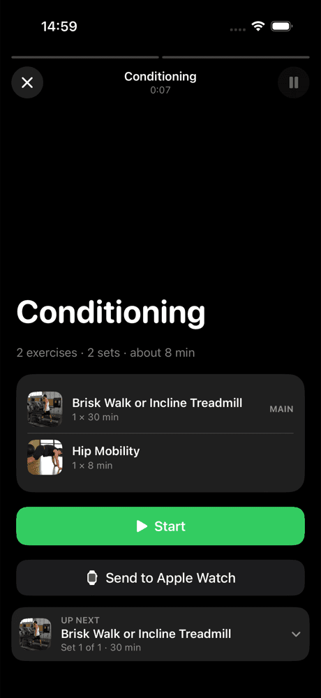 The workout player showing today's exercises, demos and a Start button